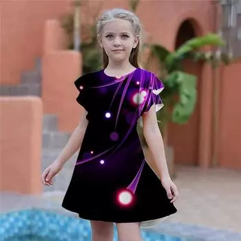 Блестящие платья с круглым принтом для девочек. Детское праздничное платье для девочек. Свободный крой. Свободная юбка с короткими рукавами для девочек старше четырех лет. 80 синий