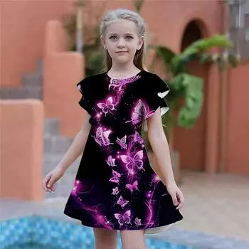 Блестящие платья с принтом бабочки для девочек. Детское праздничное платье для девочек. Свободный крой. Свободная юбка с короткими рукавами для девочек старше четырех лет. 80 розовый