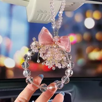 Блестящие подвесные украшения для зеркала заднего вида автомобиля с жемчужным бантом, креативные украшения для автомобиля, подарки, жемчужные украшения для автомобиля, аксессуары для интерьера розовый