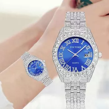 Блестящие полностью ледяные мужские кварцевые часы с красным, зеленым, синим циферблатом, римскими цифрами, бриллиантами наручные часы серебряный/синий