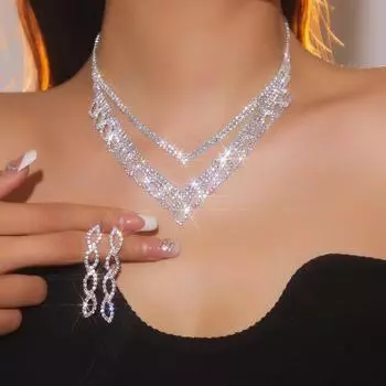 Блестящие полные бриллианты двойное ожерелье серьги комплект из двух частей, модные универсальные предметы серьги свадебные украшения