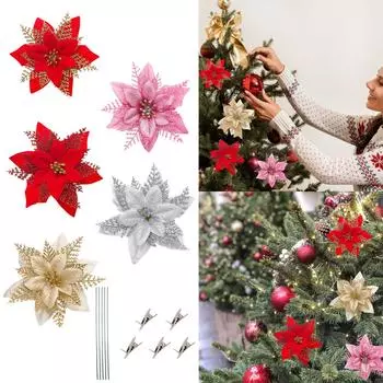 Блестящие рождественские цветы, искусственные цветы, веселые рождественские украшения, украшения для дома, елочные украшения, 5 шт. One Size красный