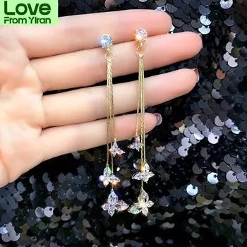 Блестящие серьги-капли с тремя бабочками и кристаллами, бижутерия, длинные серьги-капли с кисточками для женщин, эффектные серьги, ювелирные подарки