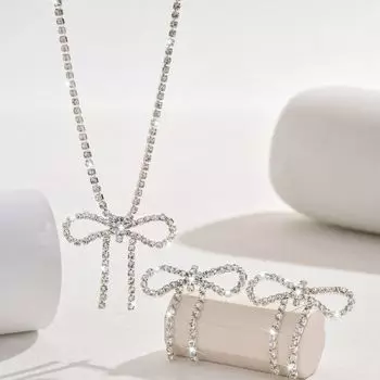 Блестящие серьги со стразами, ожерелье, свадебный бант, комплект украшений из кристаллов для женщин серебряный