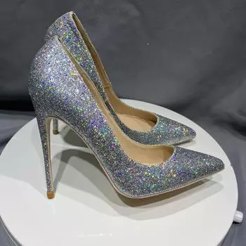 Блестящие серебристые блестящие туфли на высоком каблуке 10 см, женские туфли-лодочки, свадебные туфли 2024 года, женские, большой размер 43, 44, 45 33