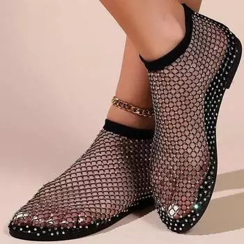 Блестящие сетчатые туфли на плоской подошве со стразами, сандалии-рыбки, эластичные чулки в сетку, сетчатая обувь на плоской подошве для женщин 44 чёрный
