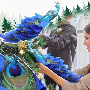 Блестящие синие украшения в виде павлина с хвостовым пером, зажим для декора, набор для украшения елки, садовый декор, Яр 1pcs