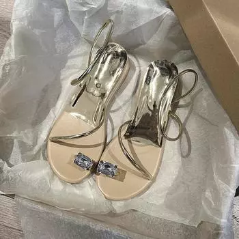 Блестящие современные тапочки с пряжкой и ремешком на среднем каблуке, женская обувь на распродаже 2025 года, модные однотонные женские босоножки на плоской подошве Sandlias 35 золотой