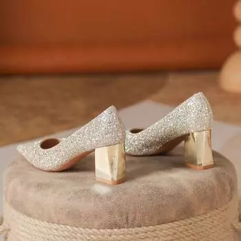 Блестящие Стразы Темперамент Знаменитости Банкетные Туфли Подружки Невесты Свадебные Толстые Каблуки Острые Каблуки Высокие Каблуки 34