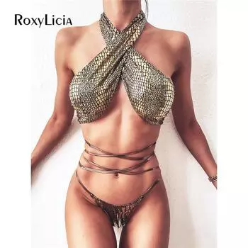 Блестящие стринги-бикини с лямкой на шее, женские купальники, женский купальник, комплект бикини с запахом, купальный костюм S золотой