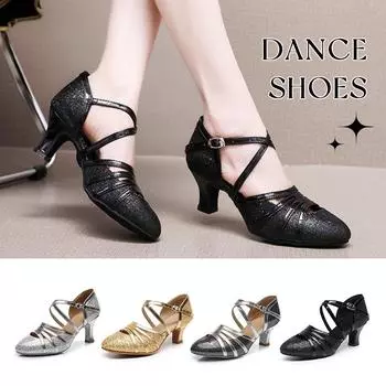Блестящие танцевальные туфли, женские бальные туфли для латинского танго, вальса, домашняя замшевая подошва, противоскользящая танцевальная обувь, высота каблука 5 см 34 золотой