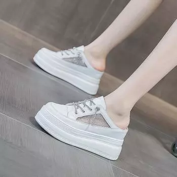 Блестящие тапочки на платформе 8 см, женская летняя обувь, сандалии на танкетке, шлепанцы, кроссовки без шнуровки, кожаная сетка из микрофибры 34 бежевый