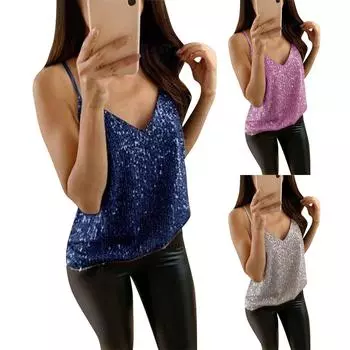 Блестящие топы без рукавов с пайетками для женщин, футболка для вечеринки с блестящим дизайном L