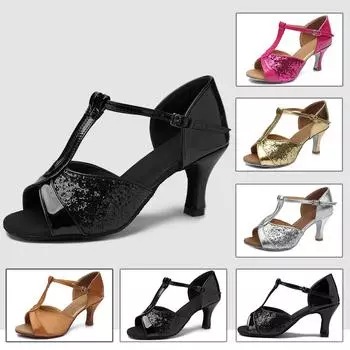 Блестящие туфли для латинских танцев на каблуке 7 см для женщин, обувь для бальных танцев танго, сальсы 34 чёрный