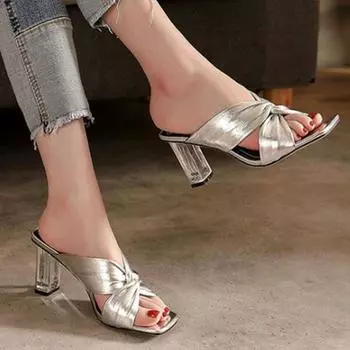 Блестящие туфли-лодочки золотого и серебряного цвета, прозрачные шлепанцы на толстом высоком каблуке, женская обувь, летние модные шлепанцы с перекрестной завязкой, туфли-лодочки 35 чёрный