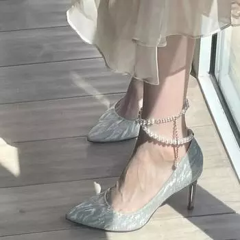 Блестящие туфли на высоком каблуке с блестками, женские туфли-лодочки на осень 2024 года, роскошные дизайнерские туфли на шпильках с жемчугом, женские туфли с острым носком, серебристые туфли для вечеринок 34