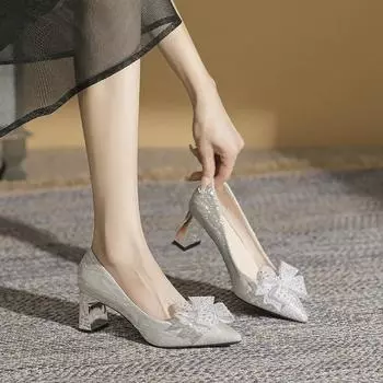 Блестящие туфли на высоком каблуке, женская весна 2024, новые туфли с бантом и стразами, острый нос, женские туфли, туфли-лодочки на толстом каблуке, Zapatillas Mujer 34 серебряный