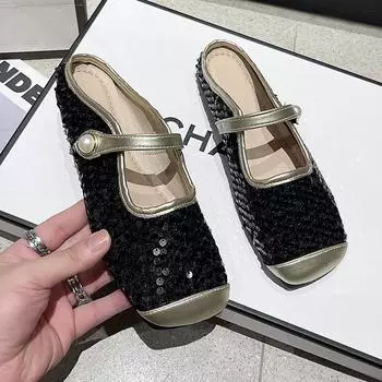 Блестящие туфли-полушапки на голову с сумкой, женская летняя одежда, весна 2024, новые сандалии, нежные туфли Мэри Джейн для вечера, вечерний ветер 35 чёрный