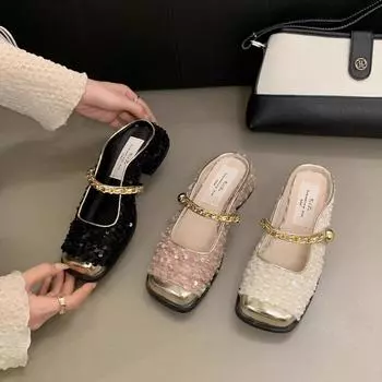 Блестящие туфли-туфельки на голову с сумкой, женская летняя одежда в стиле французской феи, вечерние туфли с юбкой, босоножки Мэри Джейн на толстом каблуке 35 розовый