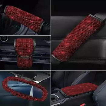 Блестящие женские автомобильные аксессуары для девочек, ручной тормоз, переключатель передач, зеркало заднего вида, подлокотник, накладка на плечо, набор украшений из красных страз