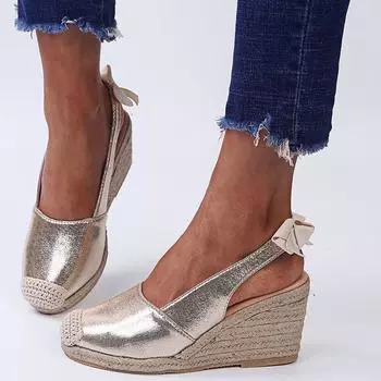 Блестящие женские босоножки на танкетке с босоножками, золотистые летние туфли для женщин, большие размеры 43, туфли-лодочки, сексуальные туфли на высоком каблуке 36 золотой