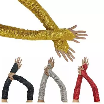Блестящие женские перчатки для косплея, креативные блестящие варежки, длинные перчатки со складками, аксессуары для нарядов чёрный