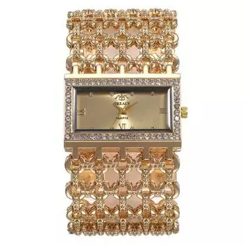 Блестящие женские полые широкие кварцевые часы с римскими цифрами и стразами и квадратным циферблатом золотистый