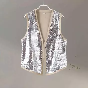 Блестящие жилеты с пайетками, женские топы с V-образным вырезом и рукавами, блестящие майки на молнии, женские модные майки с сеткой, вышитые пайетками, шикарные S