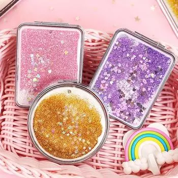 Блестящие зыбучие пески, косметические вещи, легкое компактное косметическое зеркало, подарок для девушки, мини-косметическое зеркало Round серебряный