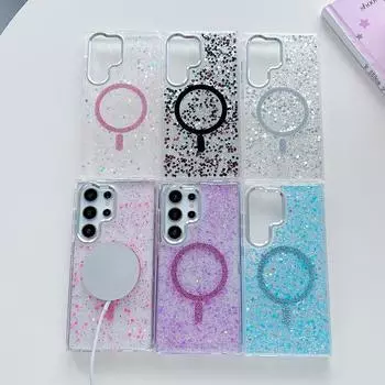 Блестящий беспроводной магнитный чехол для Samsung Galaxy S25 Ultra S24 S23 A16 A55 A06 A15 A35 металлическая оправа объектива противоударный мягкий прозрачный чехол из ТПУ для телефона Samsung S25 чёрный