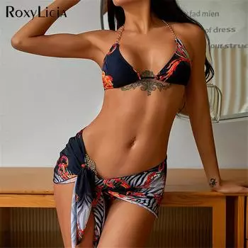 Блестящий бикини с принтом стразов, женский купальник, женский купальник, комплект бикини из трех частей с саронгом, купальный костюм для плавания S