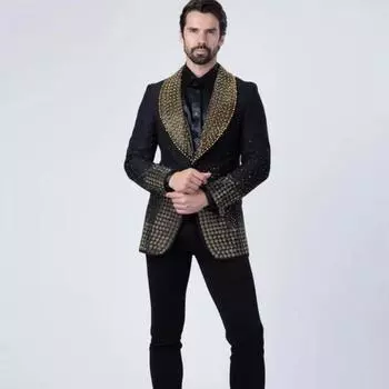 Блестящий бисерный бриллиантовый смокинг для жениха, свадебный костюм, облегающий, из 2 предметов, с лацканами-шальками, блейзеры для выпускного, мужское платье S чёрный