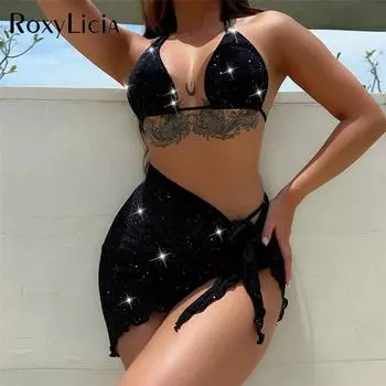 Блестящий блестящий женский купальник-бикини с саронгом и бретелькой через шею, женский купальник, комплект бикини из трех частей, купальный костюм для купания S чёрный