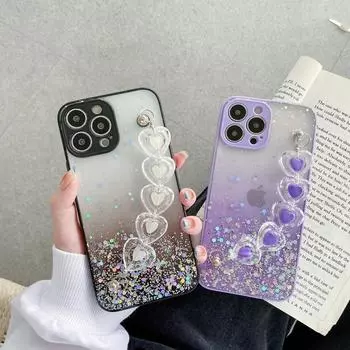 Блестящий браслет Love Heart для Xiaomi Redmi 10C Note 11 Samsung A22 A32 A52 Realme 8i 9i C21Y Vivo Y21 Y20, силиконовый браслет, прозрачный бампер iPhone 11 6.1 чёрный