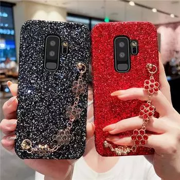 Блестящий браслет с цветами и блестками, чехол для Samsung S23 S22 S21 Ultra S20FE S10 S9 S8 Plus A13 A23 A33 A53 A12 A22 A32 A52 A31 A51 A50 A20 A6 A7 A8 2018 iphone 6 6s чёрный