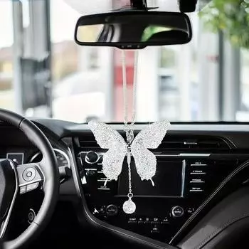 Блестящий бриллиантовый кристалл автомобильная бабочка подвесное украшение милый шарм автомобильное металлическое зеркало заднего вида подвесное украшение автомобильные аксессуары белый
