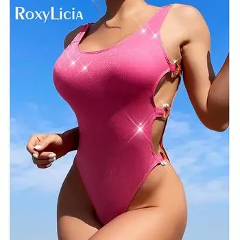 Блестящий цельный купальник с вырезами, женский купальник, женский купальный костюм с высоким вырезом, купальный костюм для плавания S розовый