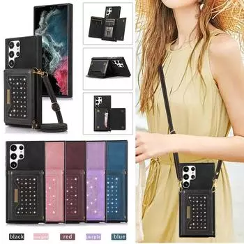 Блестящий чехол через плечо для Samsung Galaxy S21 S20 FE S23 S22 Plus Z Flip 3 Z Flip 4 A54, кожаный чехол с ремешком для держателя карт для iphone 14 13 11 12 Galaxy Z flip 3 фиолетовый