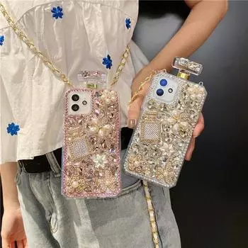 Блестящий чехол для флакона духов DiamondHot Bling для iPhone 15 14 13 12 11 Pro Max/Samsung S23 S22 S21 S20 S10 S9 A13 A23 A33 A53 A52 A22 A32/Redmi iphone 7 8 розовый