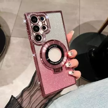 Блестящий чехол с бриллиантами для Magsafe-подставки для Samsung Galaxy S24 Ultra S23 S22 Plus, кольцевой держатель-скоба, магнитная градиентная крышка S23 розовый