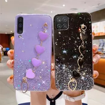 Блестящий чехол с цепочкой на запястье A 50 70 30 Love Heart для Samsung Galaxy A50 A70 A30s A20 A30 A21s A20s A7 2018, силиконовый чехол для браслета A50