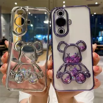 Блестящий чехол с мультяшным медведем и зыбучим песком для Huawei Nova 11 Reno 10 9 Pro Mate 60 50 40 30 Pro P60 P40 Pro, прозрачная пленка для камеры, мягкий чехол Huawei Nova 11 чёрный