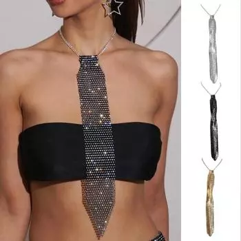 Блестящий галстук со стразами, плоская сетка, металлические ремешки, блестящий галстук, рождественский подарок, реквизит для вечеринок и фотосъемки чёрный