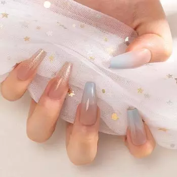 Блестящий Градиент Синий Роскошные Носимые Наклейки для Длинных Ногтей Glue Type