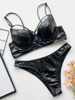 Блестящий искусственный кожаный PU бикини женский купальник бюстгальтер чашка бикини 2025 женский купальник из двух частей бикини комплект пуш-ап купальный костюм плавание S