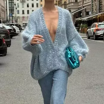 Блестящий кардиган с глубоким V-образным вырезом, женский свитер с рукавами-фонариками, модный свободный пуловер на осень-зиму S синий
