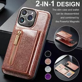 Блестящий кожаный кошелек на молнии со съемными отделениями для карт и магнитным чехлом для iPhone 15 14 Plus 13 12 11 Pro Max для Samsung S24 S23 S22 S21 Ultra Plus S20FE iPhone 11 серебряный