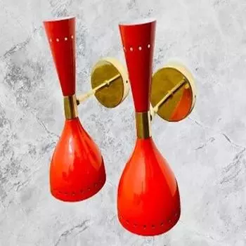 Блестящий красный латунный итальянский бра Diabolo середины 1950-х годов, пара лампочек на заказ, настенный бра