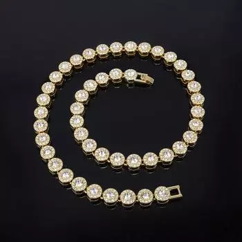 Блестящий круглый страз Хип-хоп Теннисная цепочка Браслет Ожерелье Набор для женщин мужчин Ювелирный подарок 20cm золотой