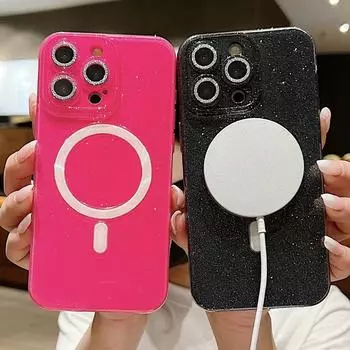 Блестящий магнитный чехол ярких цветов с беспроводной зарядкой для Iphone 15 Plus 15 14 13 Pro Max для Magsafe, противоударный мягкий чехол из ТПУ iPhone 15 розовый